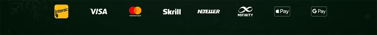 Row of payment method logos showing Interac, Visa, Mastercard, Skrill, Neteller, MiFinity, Apple Pay, and Google Pay.