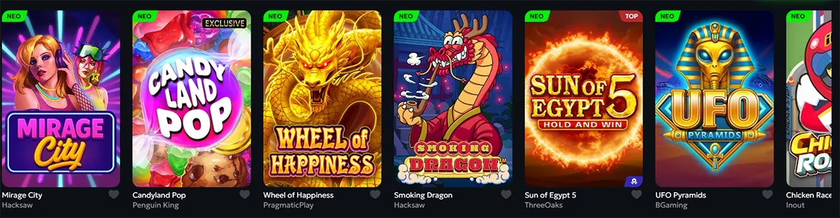 Colorful casino game tiles featuring Mirage City, Candyland Pop, Wheel of Happiness, Smoking Dragon, Sun of Egypt 5, and UFO Pyramids.