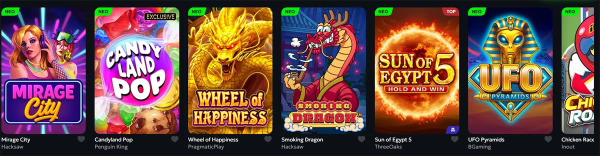 Colorful casino game tiles featuring Mirage City, Candyland Pop, Wheel of Happiness, Smoking Dragon, Sun of Egypt 5, and UFO Pyramids.